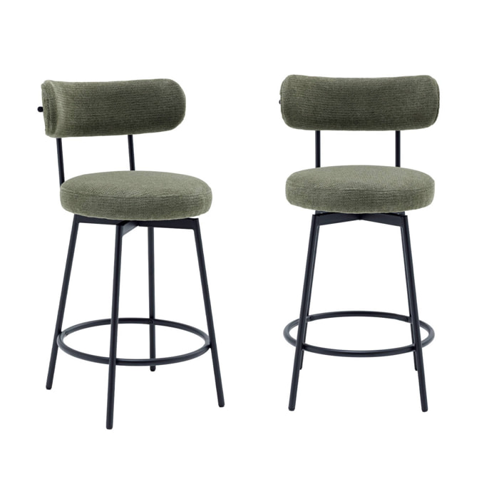 Lot de deux tabourets de bar assise rotative métal noir et tissu vert - L 50 x P 50 x H 92cm - Iris