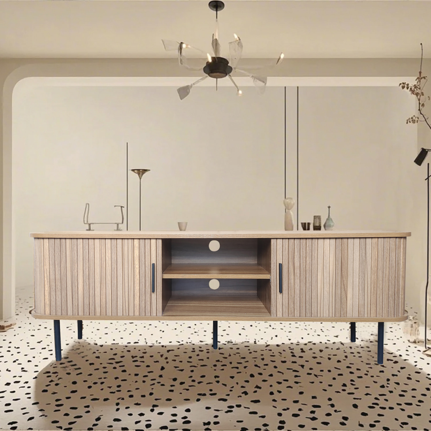 AMBON Meuble TV en bois cannelé à portes coulissantes 140cm