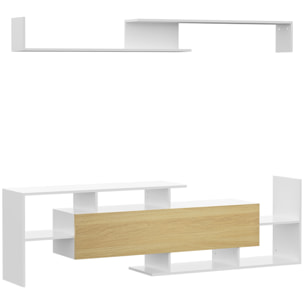 HOMCOM Mueble de Salón para TV Conjunto Muebles de TV con Mesa para Televisor 153,6x25x42 cm y Estante de Pared 150x14,5x16,3 cm Blanco y Natural