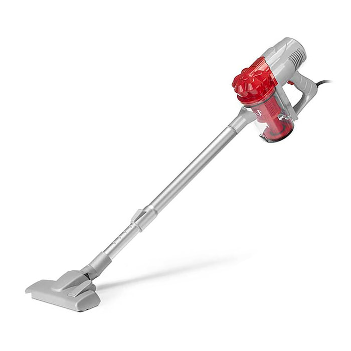 Aspirador de mano rojo con 600W de potencia y 800 ml de capacidad.