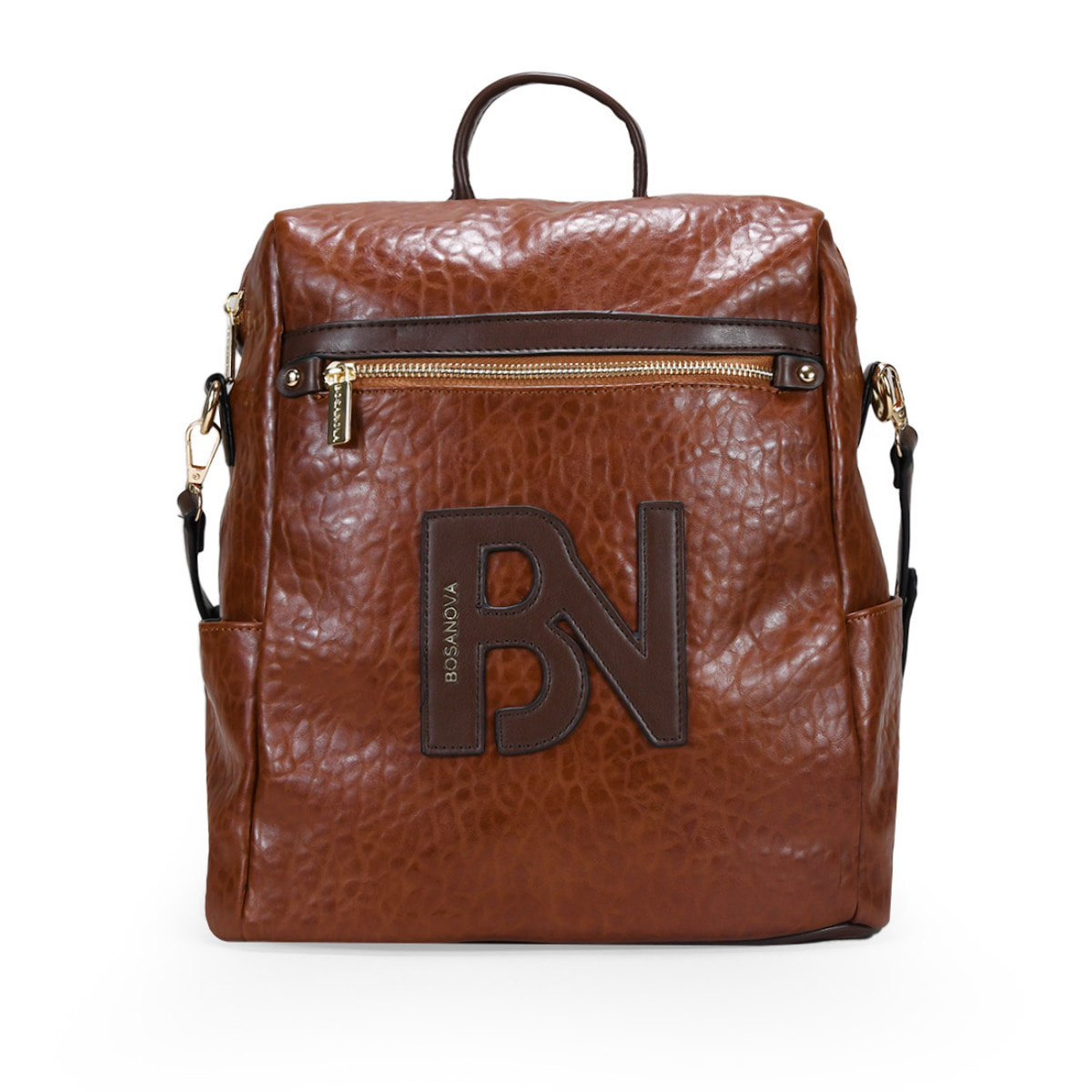 Mochila bolso marrón con cremallera y logo