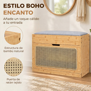 Banco Zapatero, Banco Recibidor con Asiento Acolchado, Cajón Abatible, Puerta de Ratán, Estante Ajustable, para Entrada, Pasillo, Salón, 63x29x48 cm, Natural y Gris