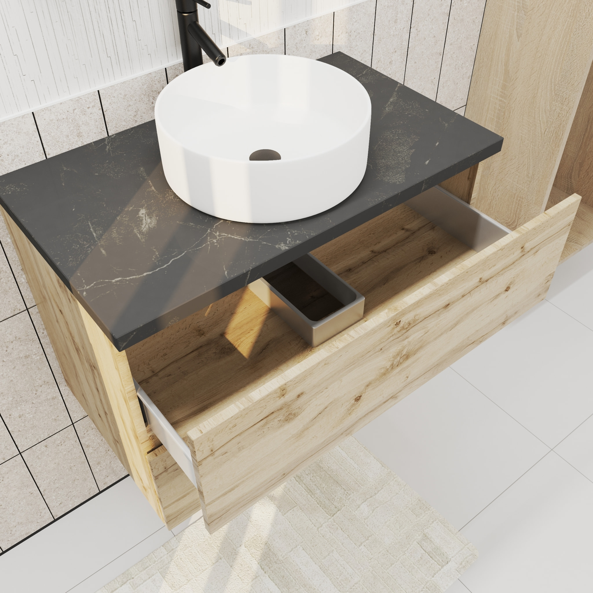 Meuble salle de bains 80cm Chêne Naturel 2 Tiroirs - Plan Effet Marbre Noir + Vasque Ronde Blanche