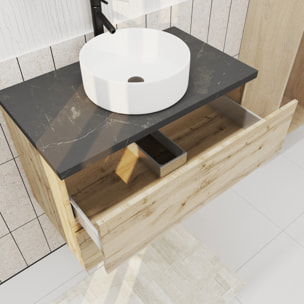 Meuble salle de bains 80cm Chêne Naturel 2 Tiroirs - Plan Effet Marbre Noir + Vasque Ronde Blanche