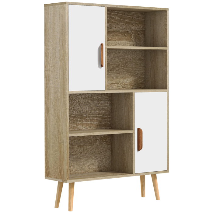 Bibliothèque scandinave 4 niches + 2 placards avec étagère dim. 80L x 24l x 123H cm pieds effilés inclinés bois massif panneaux particules naturel et blanc