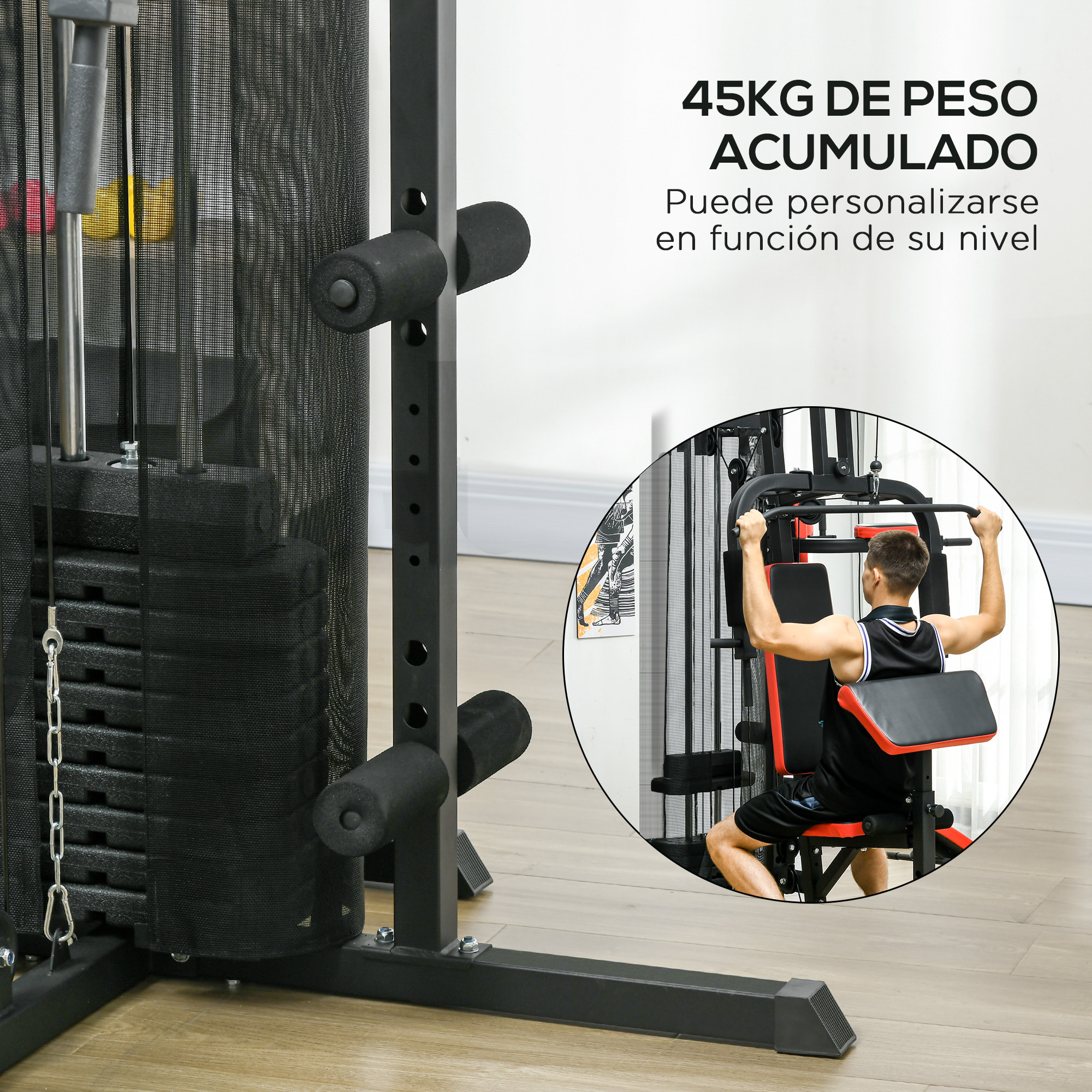 Máquina de Multiestación Ajustable Multiestación de Musculación con Placas de Peso de 45 kg Carga Max. 110 kg para Entrenamiento Fitness en Hogar Gimnasio 225x175x200 cm Negro