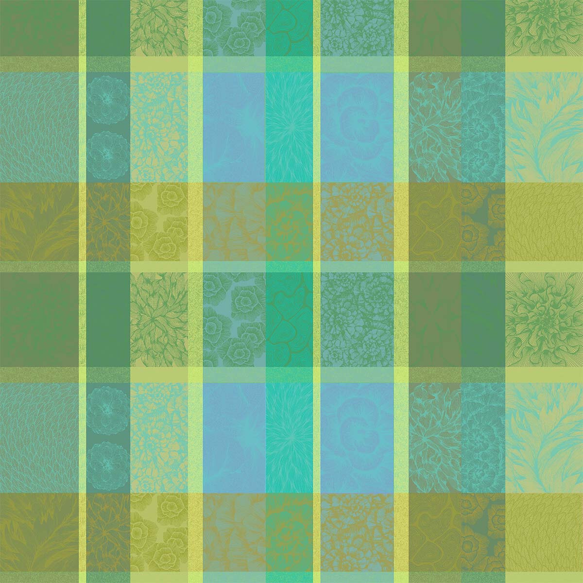 Nappe pur coton enduit motif jacquard vert Mille petales chlorophylle