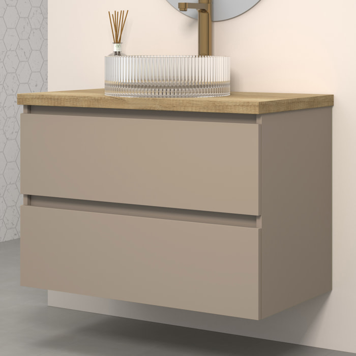 Conjunto de Baño Kub | 80 cm Visón | Dos Cajones | Lavabo de Cristal | No incluye Espejo | Mueble Montado | Alday