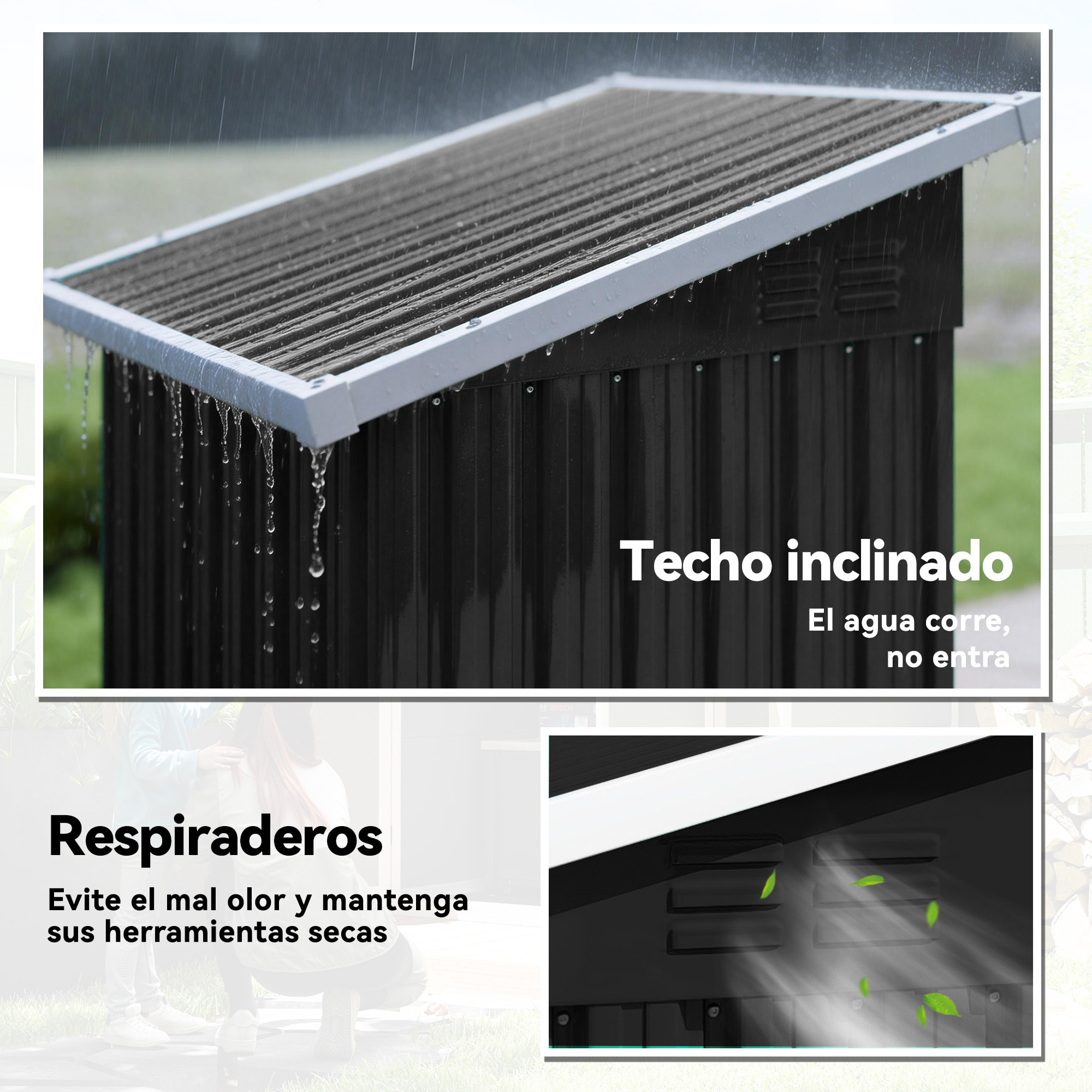 Caseta de Jardín Exterior 0,74 m², 107,5x91x185 cm, Cobertizo de Jardín Exterior Metálico con Techo Inclinado, Puerta con Cerradura y Ventilaciones para Almacenamiento de Herramientas, Gris