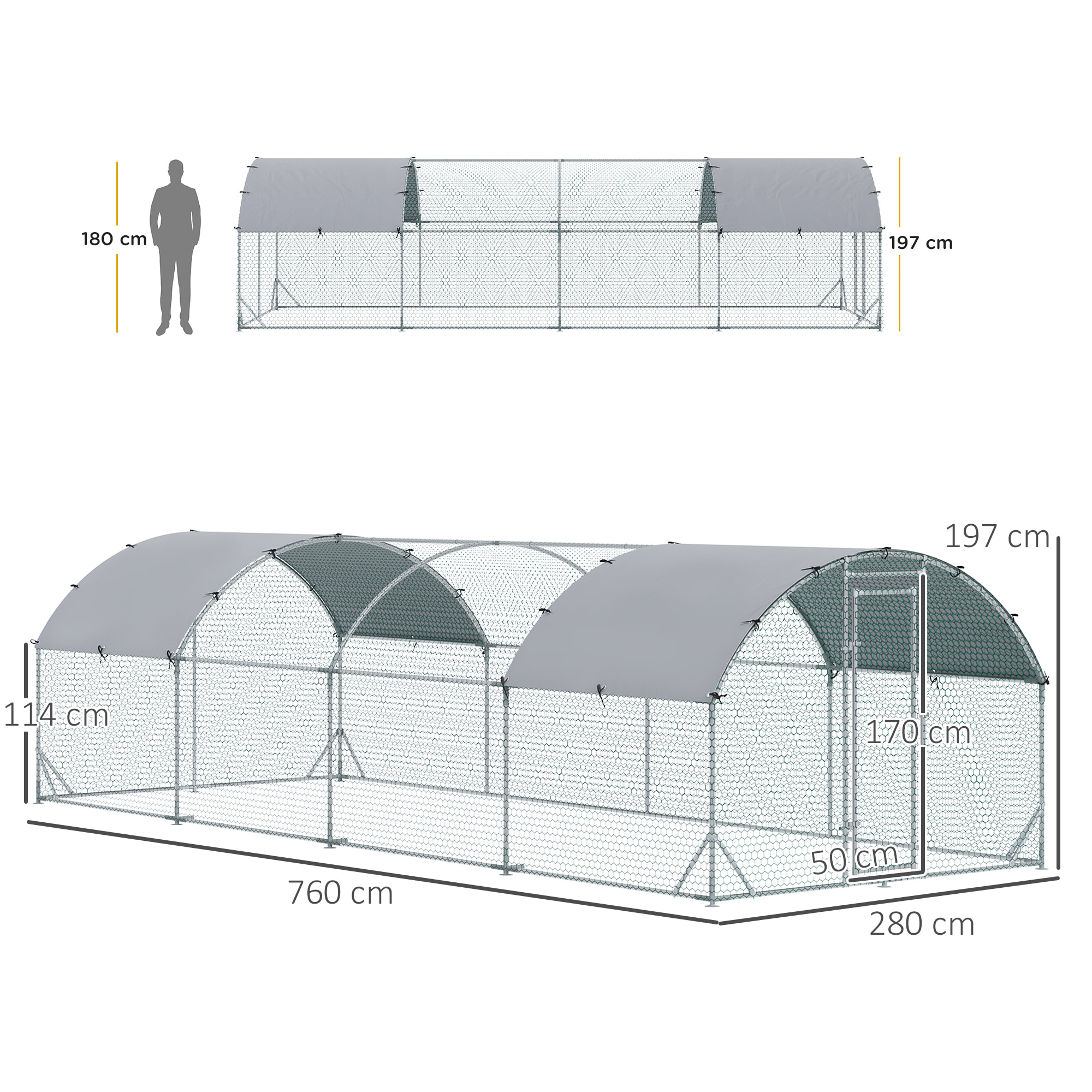 Gallinero para Exterior Grande de Acero Galvanizado 280x760x197 cm Jaula de Aves Cubierta de Tela Oxford Impermeable y Resistente a los Rayos UV para Patio Plata