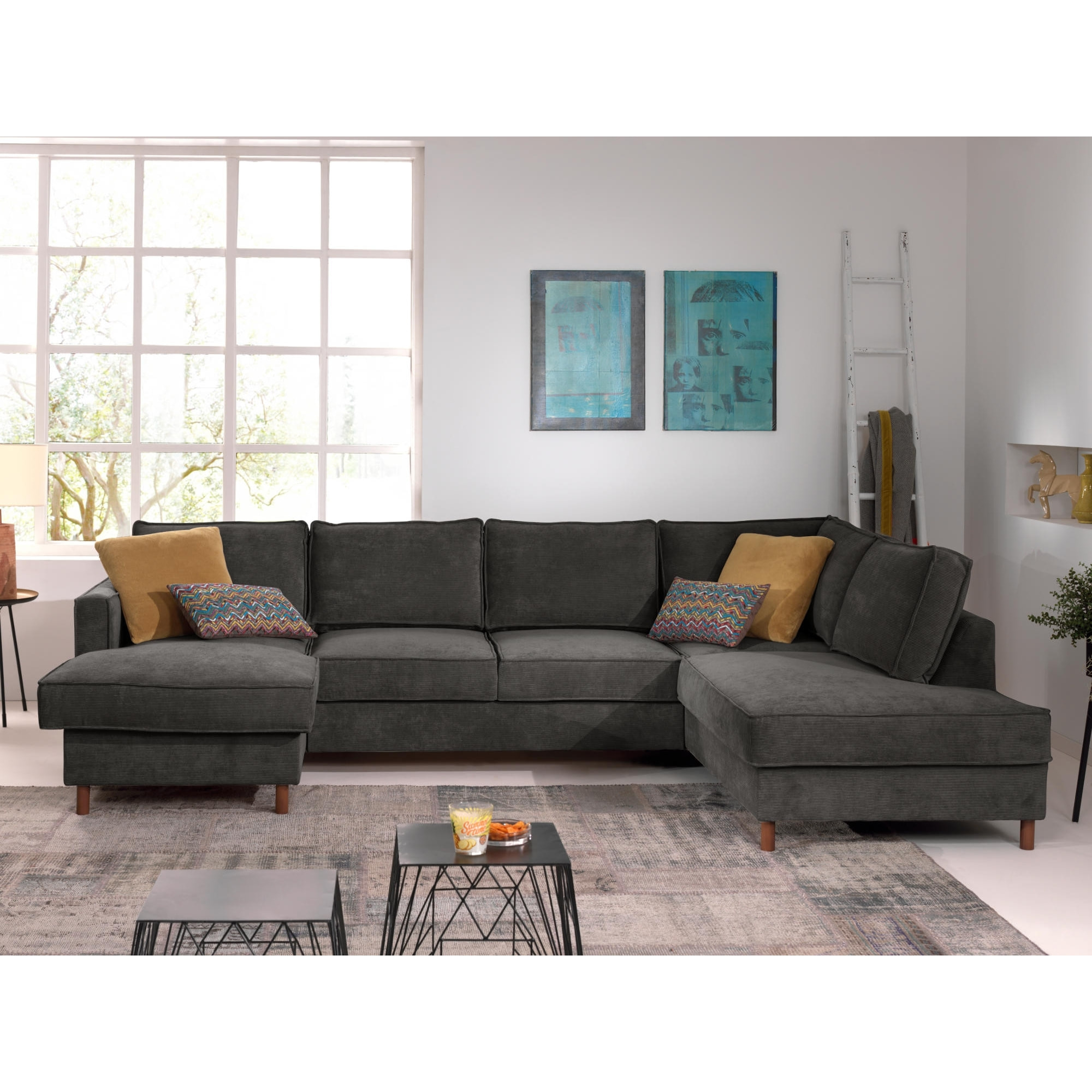 Jake - canapé panoramique d'angle droit - convertible avec coffre - 7 places - en velours côtelé - Gris foncé