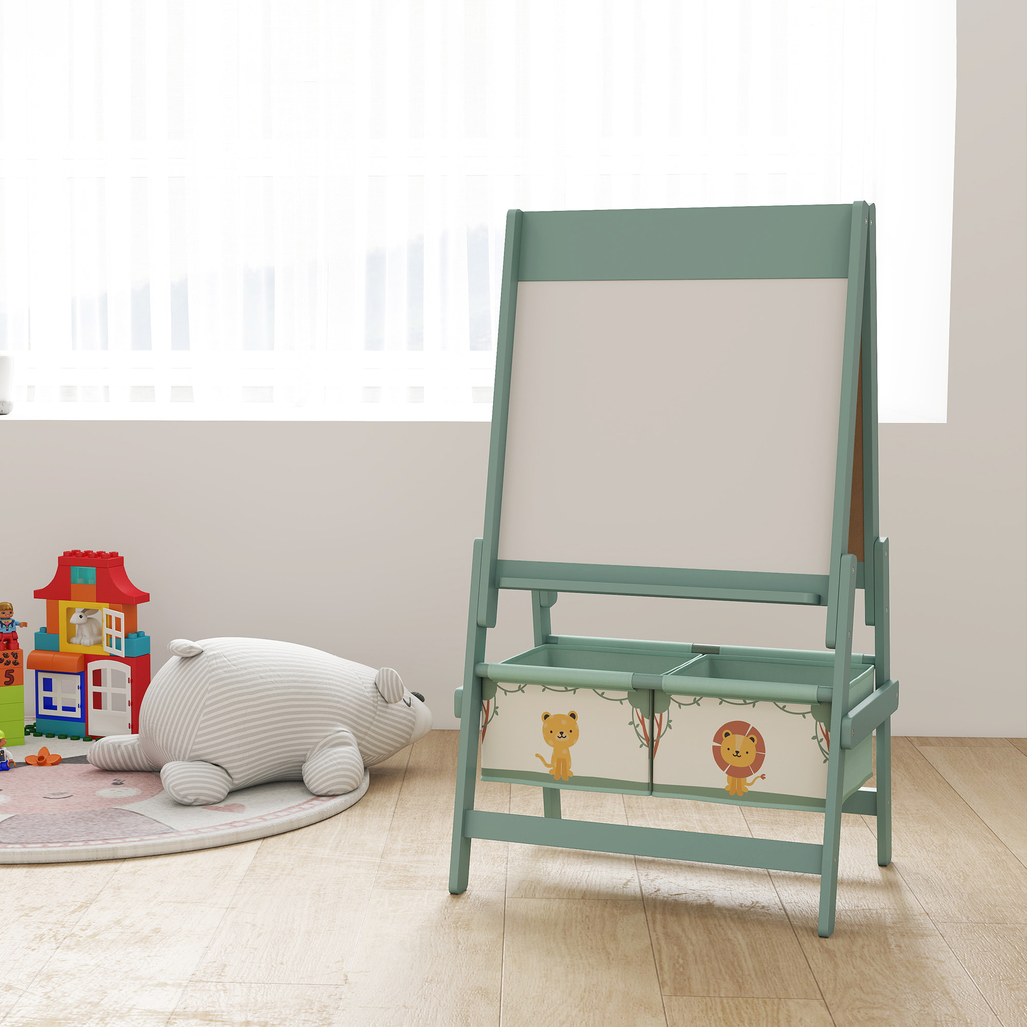 Pizarra Infantil Caballete 3 en 1 Pizarra Infantil de Doble Cara Caballete de Pintura para Niños de +3 Años con Rollo de Papel y Cestas de Almacenamiento 54x46x94 cm Verde