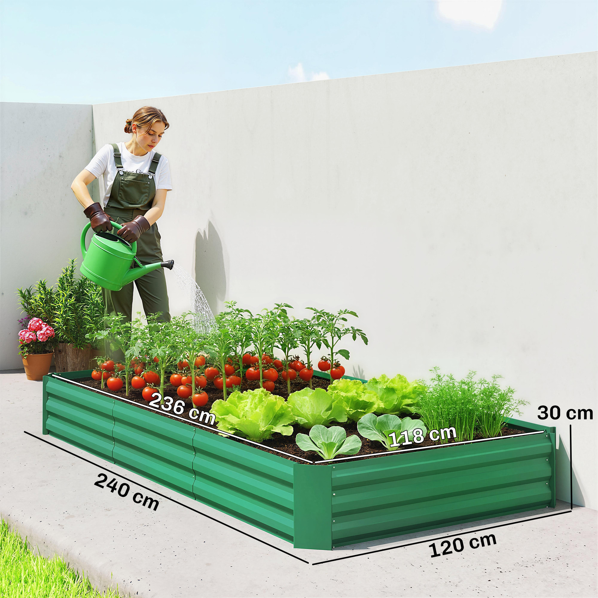 Carré potager de jardin dim. 240L x 120l x 30H cm tôle d'acier ondulée vert