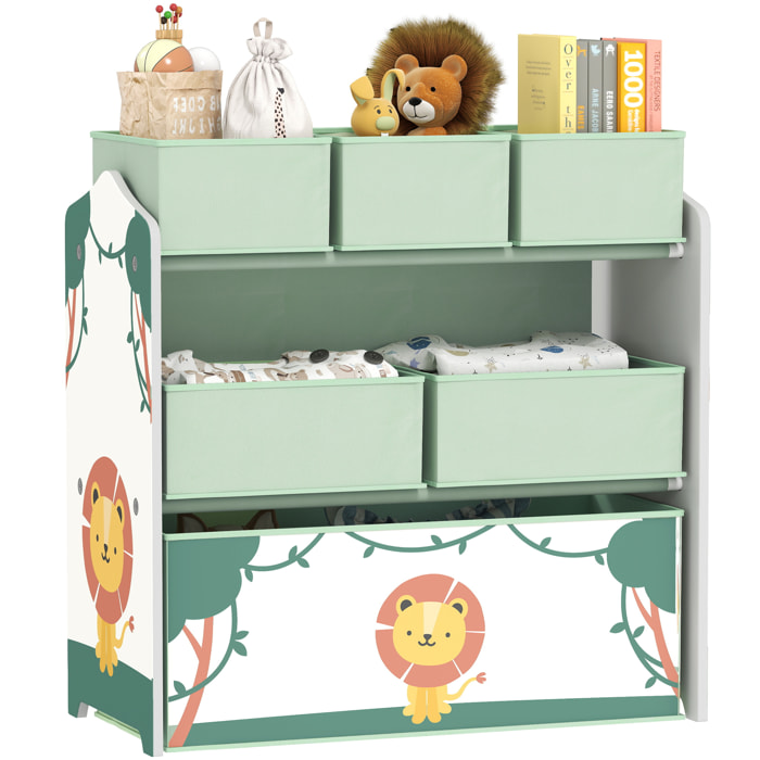 Étagère de rangement enfant design lion - 6 tiroirs en tissu - MDF - vert
