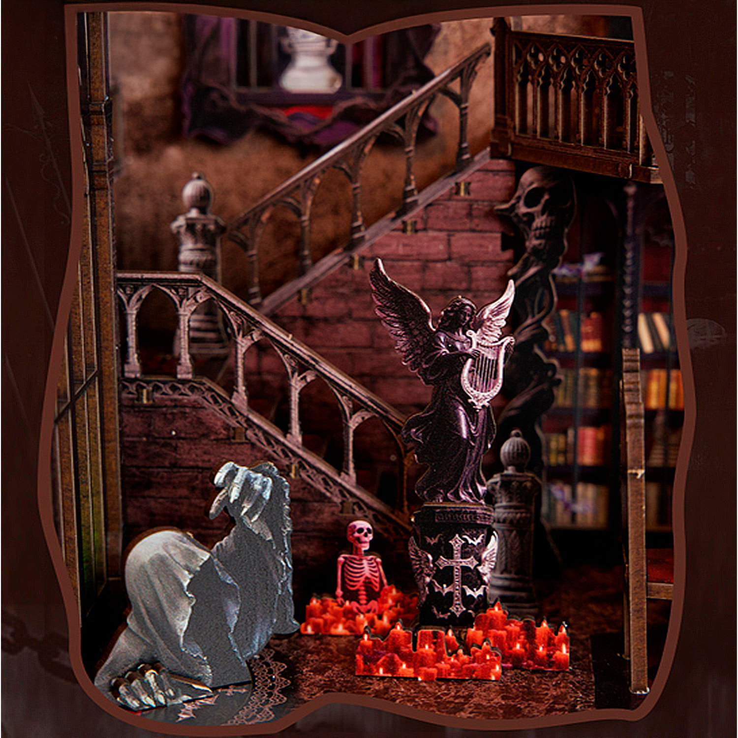 Familia oscura. Book Nook de madera con 155 piezas, diseño 3D realista con gran detalle, luces led y cubierta anti polvo.