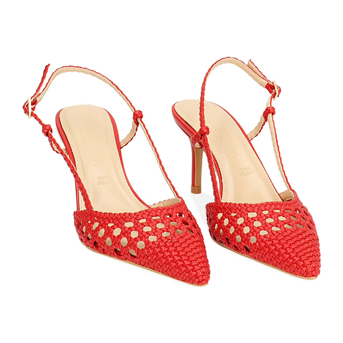 Décolleté slingback donna rosse con intreccio, tacco 7 cm