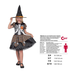 Travestimento Costume Halloween Strega Skully Nero Bianco Arancio Bambina