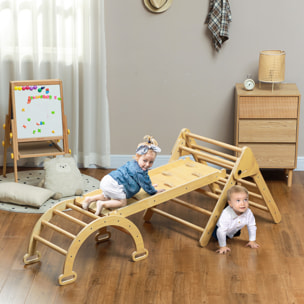 5 en 1 Triángulo de Escalada Montessori con Arco y Rampa, Escalada para Niños de Madera Plegable, para 18-48 Meses, para Deslizarse o Escalar, 178x64,5 cm, Madera Natural