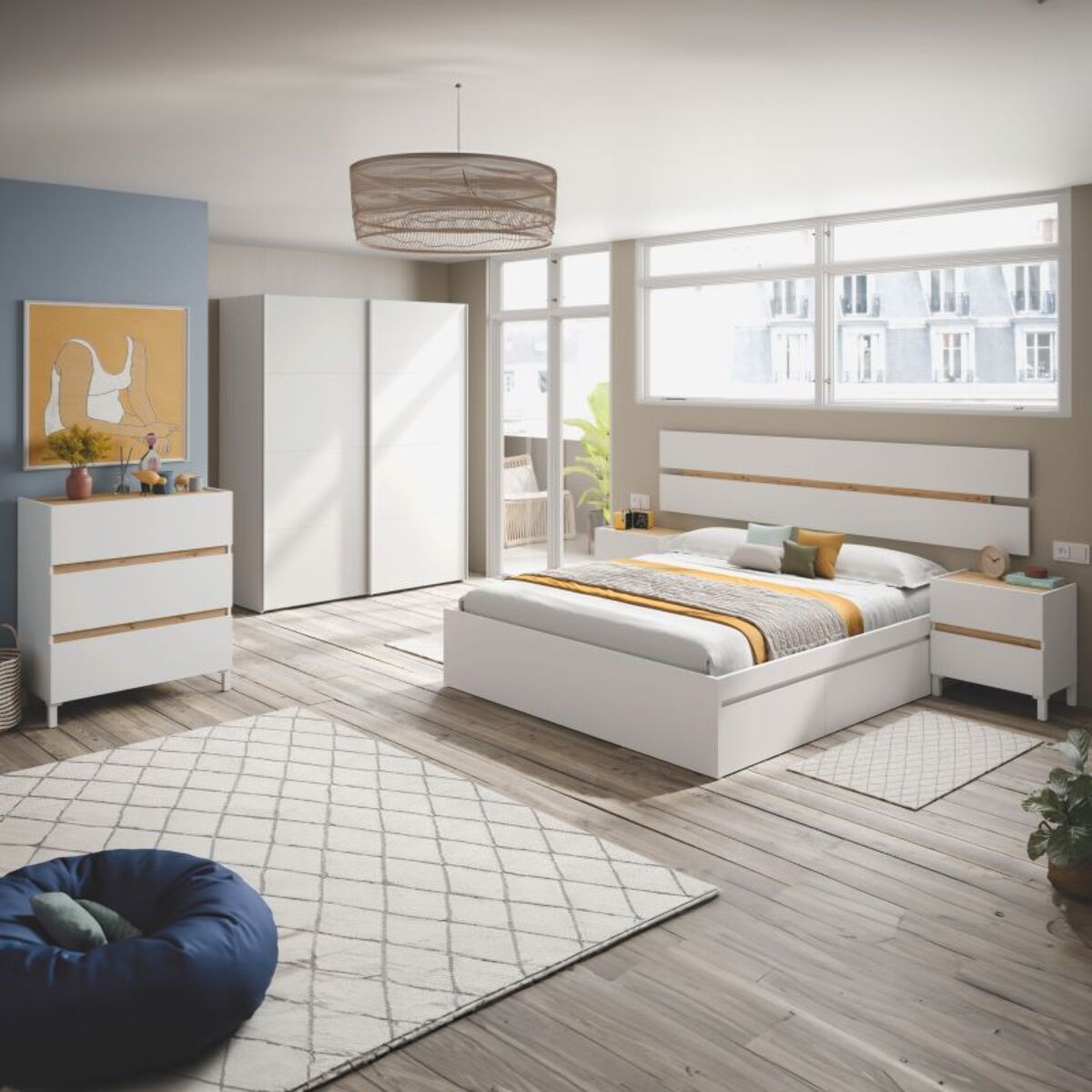 Dormitorio Ezra 3C Plus Blanco Artik (Blanco Mate) - Roble Nodi