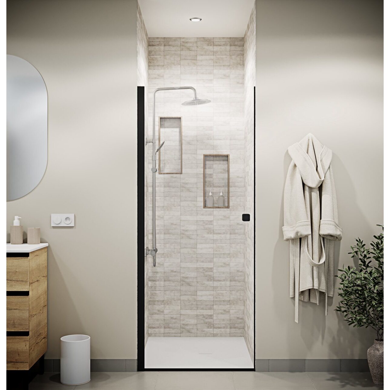 Porte de Douche Pivotante 70x195cm - Verre Trempe 8mm Anticalcaire - Alu Noir - DARK ELEMENTARY