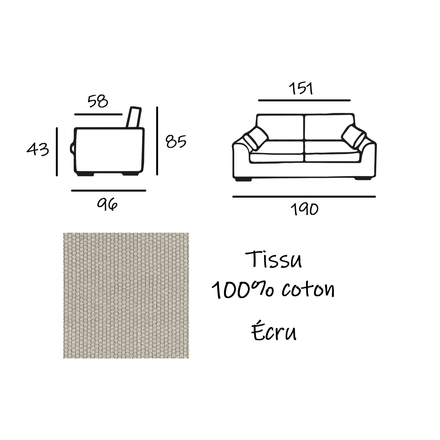 Canapé 3 pl TRESSIN 190 cm fixe tissu coton Écru - 100% déhoussable - Fab. France