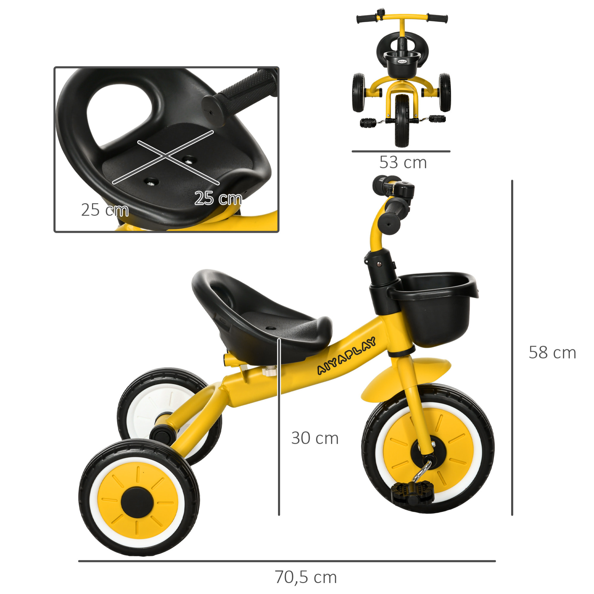 Tricycle enfant multi-équipé garde-boue sonnette panier pédales antidérapantes siège réglable avec dossier métal jaune