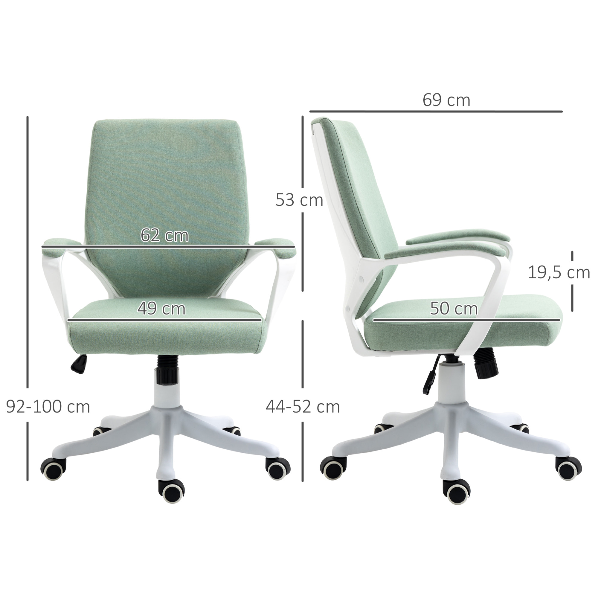 Silla de Oficina Giratoria Silla de Escritorio Basculante con Reposabrazos y Altura Ajustable para Dormitorio Salón Carga 120 kg 62x69x92-100 cm Verde