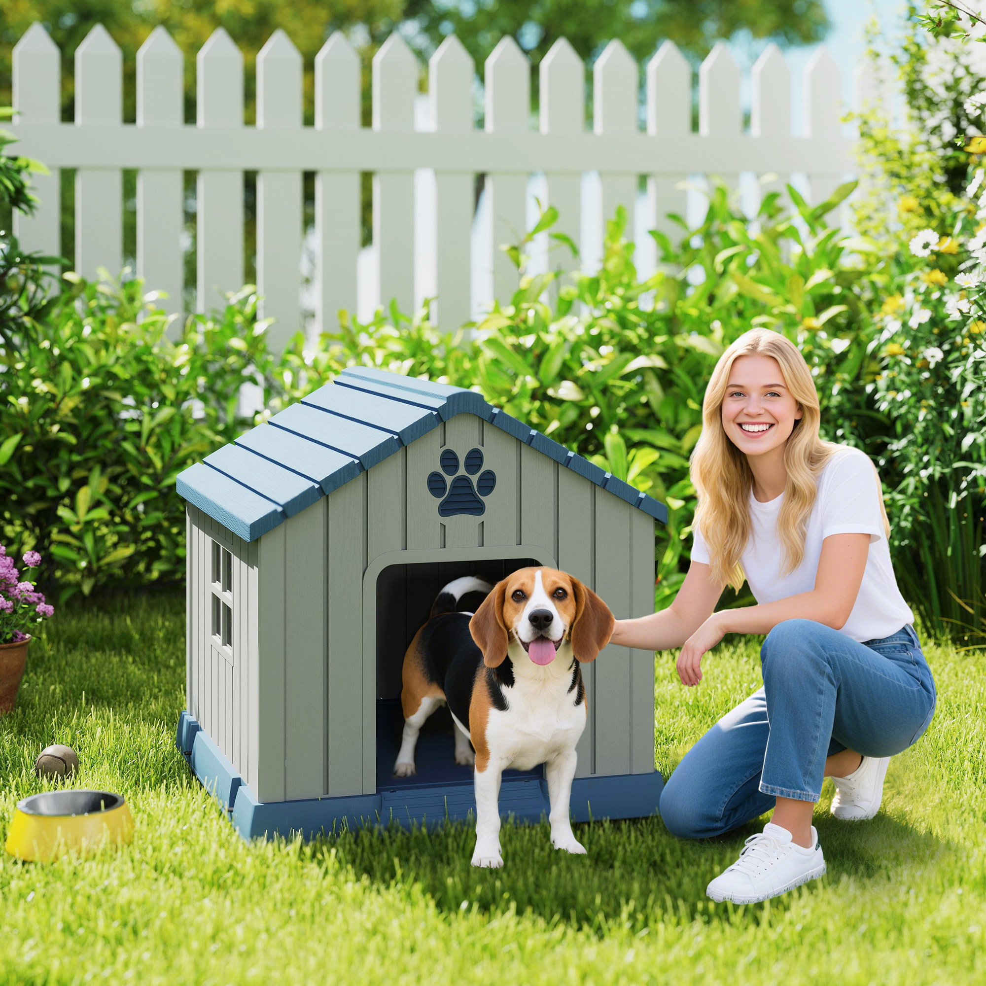 PawHut Caseta para Perros Exterior, Casa para Perros Medianos de Plástico Impermeable con 2 Ventanas, Base Elevada, Estacas, Fácil de Montar, para Jardín y Patio, 85x79x82 cm, Gris