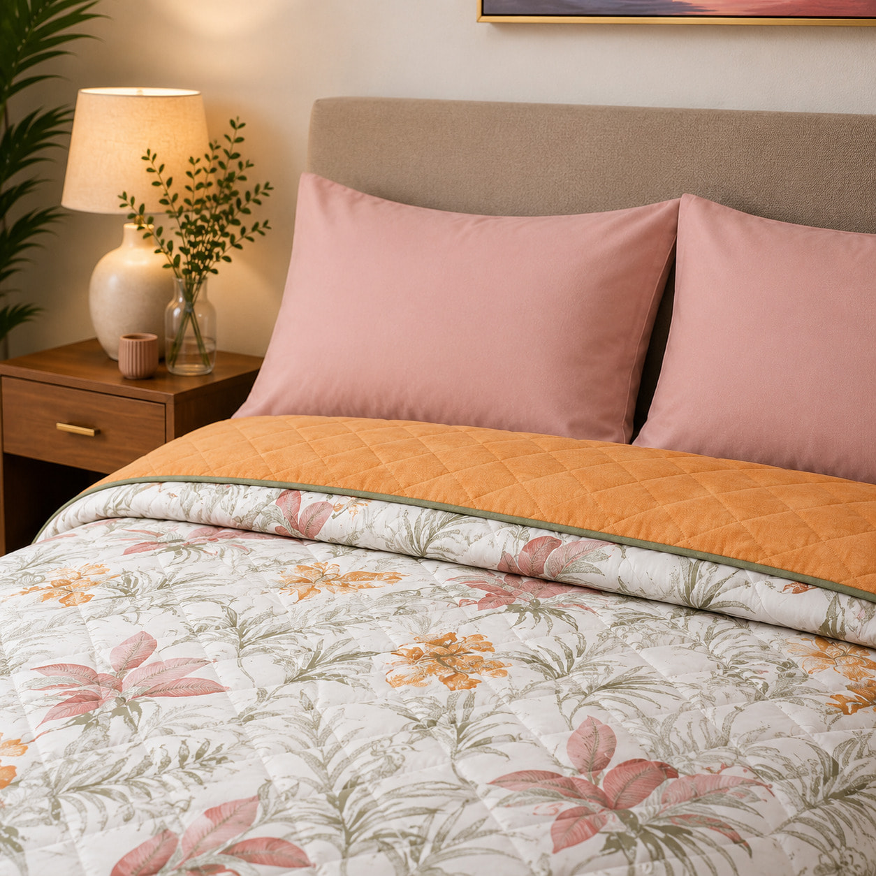 BASSETTI Completo letto in cotone Made in Italy_Piazza e mezza_Fiore Arancio