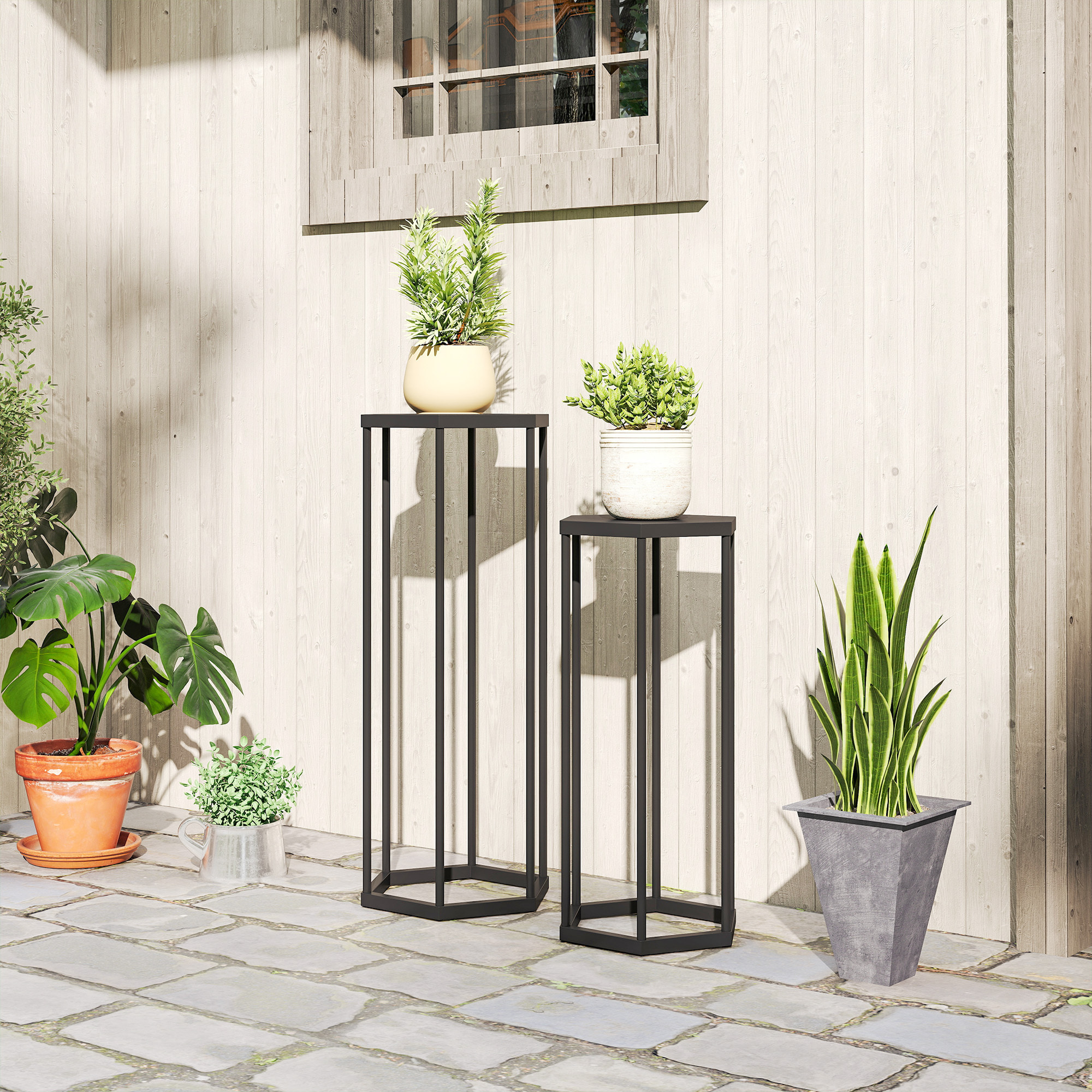 Lot de 2 supports pour plantes hexagonal métal noir