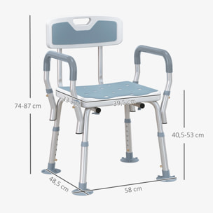 Chaise de douche siège de douche ergonomique hauteur réglable pieds antidérapants max. 136 Kg alu HDPE blanc bleu