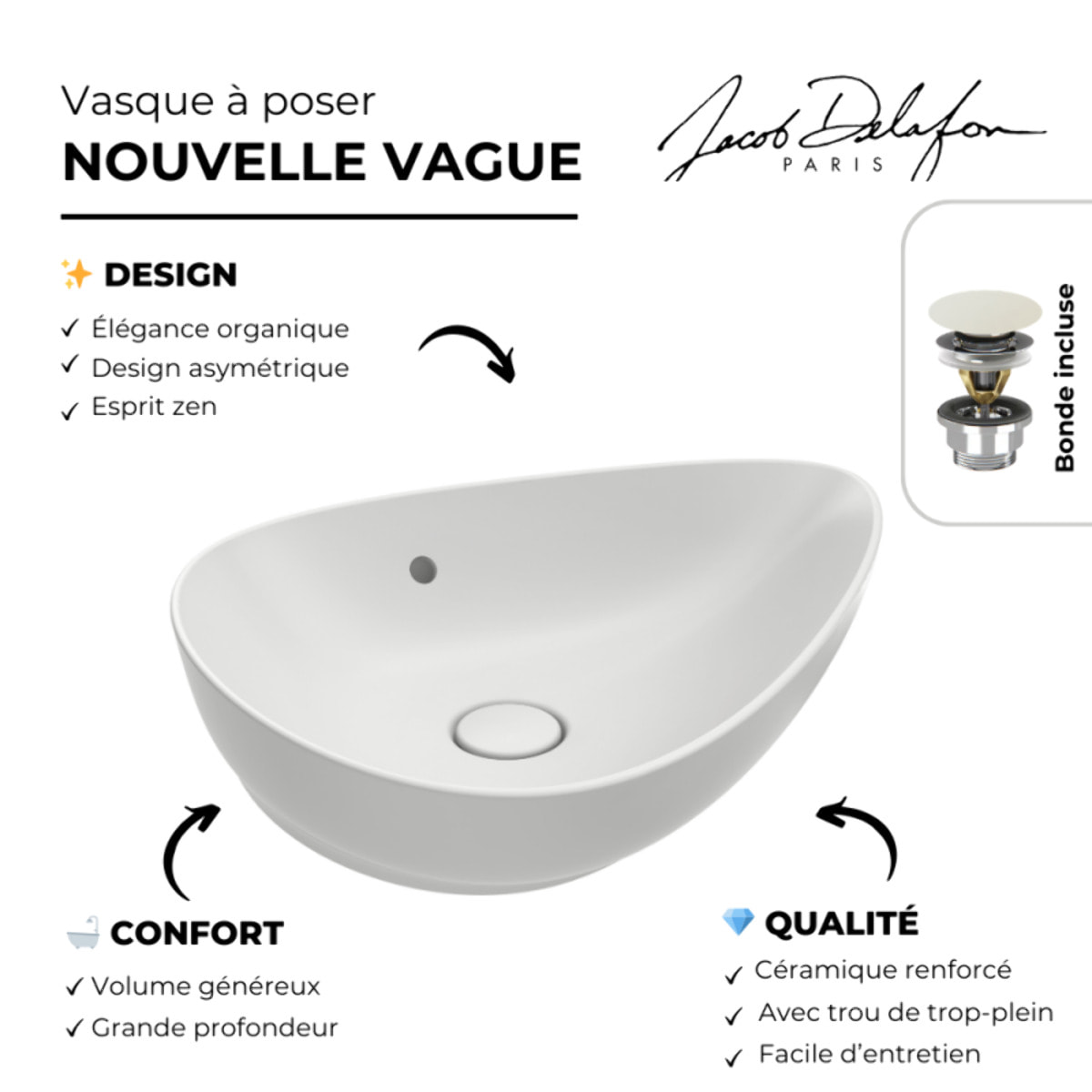 Vasque asymétrique à poser Nouvelle vague satinée blanc