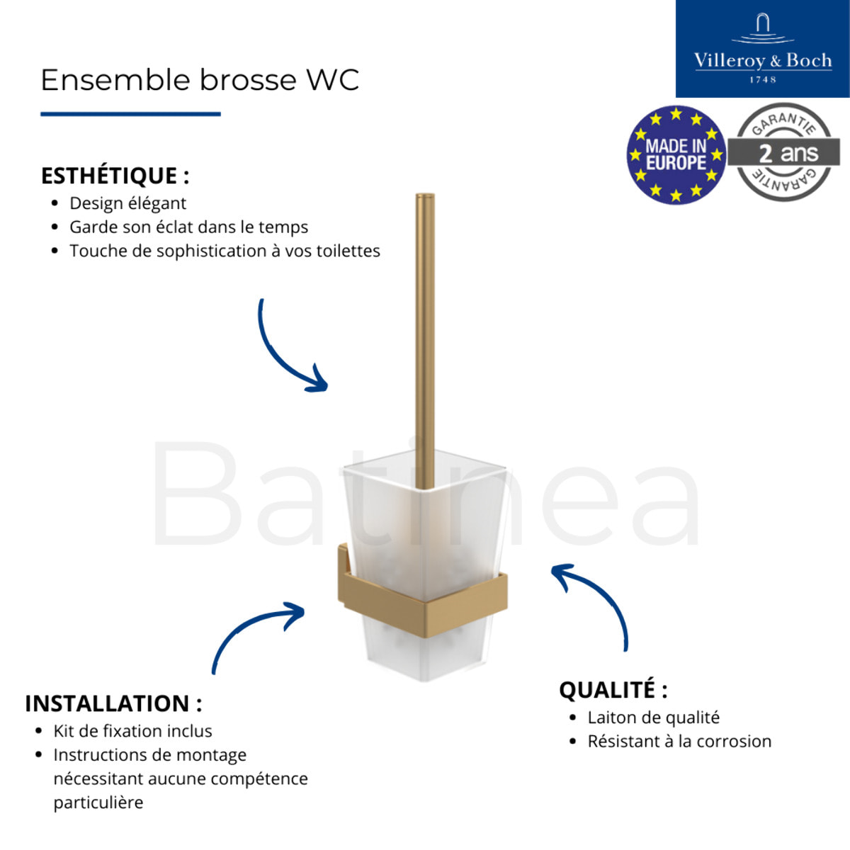 Dérouleur de papier toilette sans couvercle + Ensemble brosse WC Striking Chrome Gold brossé