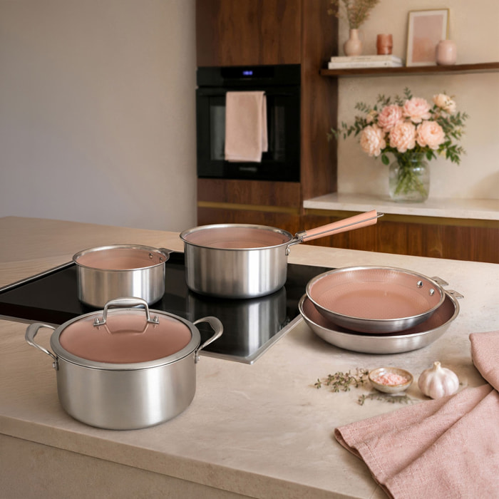 Batterie de cuisine 6 pièces en acier inoxydable rose AGLAE