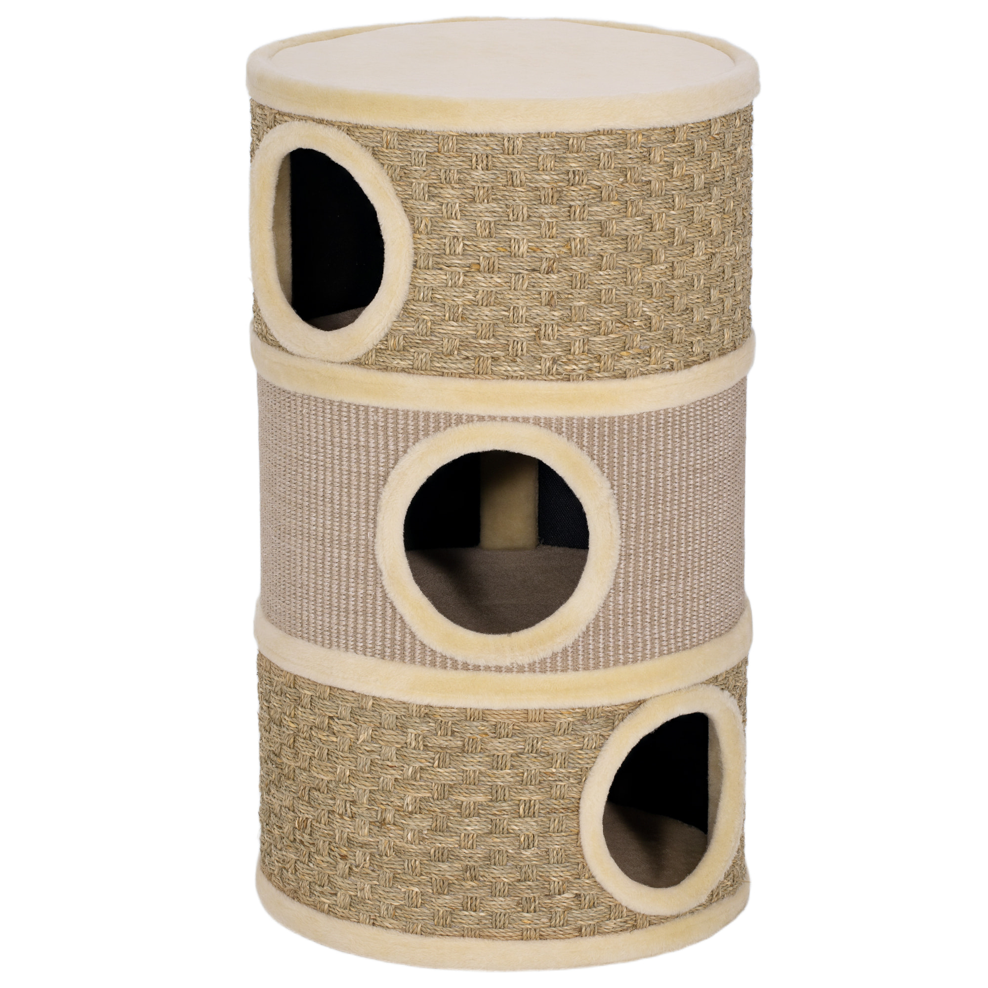 Arbre à chat cylindrique tonneau griffoir - 3 niches + plateforme - sisal corde d'algues beige