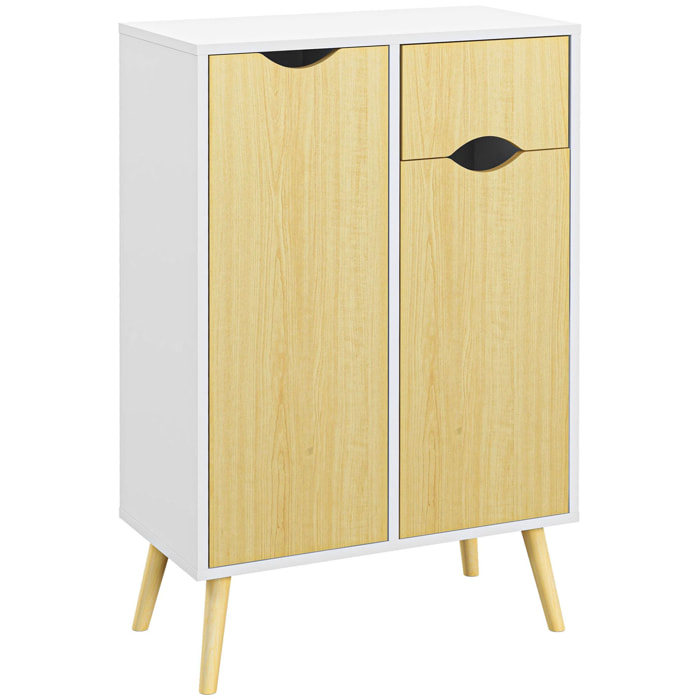 Buffet meuble de rangement design scandinave - 2 portes, 3 étagères, tiroir - piètement pin panneaux blanc aspect bois clair