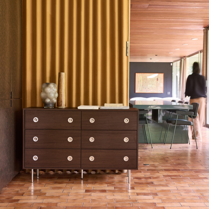 Commode vintage décor bois et acier inoxydable 6 tiroirs SHELBY