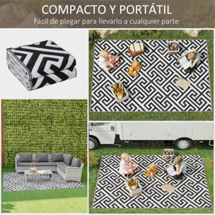 Alfombra de Exterior 182x274 cm Alfombra Reversible con Patrón Geométrico Impermeable para Terraza Balcón Patio Camping Playa Blanco y Negro