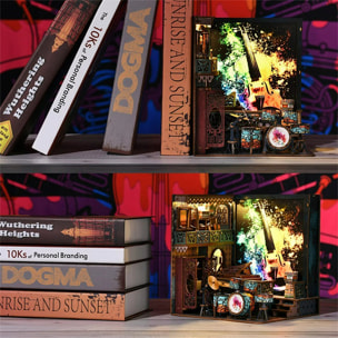 Explosión de notas. Book Nook de madera, diseño 3D realista, marco luminoso con fondo intercambiable.