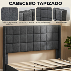 Cama Tapizada 135x190 cm con Cabecero Acolchado con Orejas y Almacenaje Inferior, Marco de Cama Doble con Somier de Lamas de Madera, Diseño Moderno, Fácil Montaje, Gris