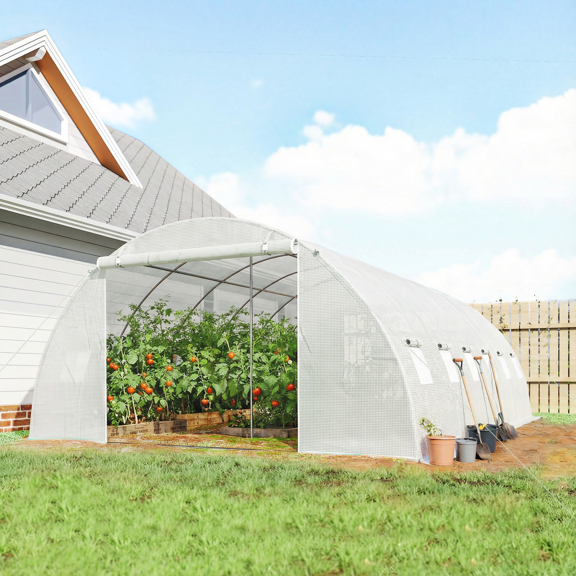 Invernadero de Exterior 6x4x2 m, Invernadero de Túnel con 2 Varillas de Soporte, Puertas Enrollables, Ventanas de Malla, Cubierta PE y Marco de Acero Galvanizado, Anti-UV, Impermeable, Blanco