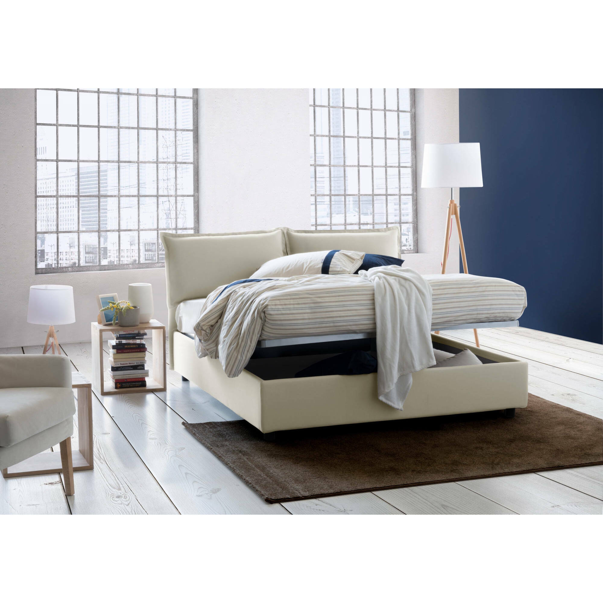 Letto matrimoniale Anjin, Letto contenitore con rivestimento in tessuto, 100% Made in Italy, Apertura frontale, adatto per materasso Cm 160x190, Beige