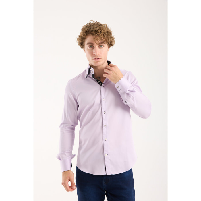 Camicia Uomo 2 Bottoni Button Down Triplo Collo Slim Satin Unito Lilla