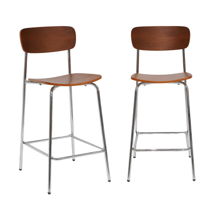 Lot de 2 tabourets de bar vintage contreplaqué avec placage bois effet noyer et pieds métal chromé L 42.5 x P 50 x H 94cm - Toby