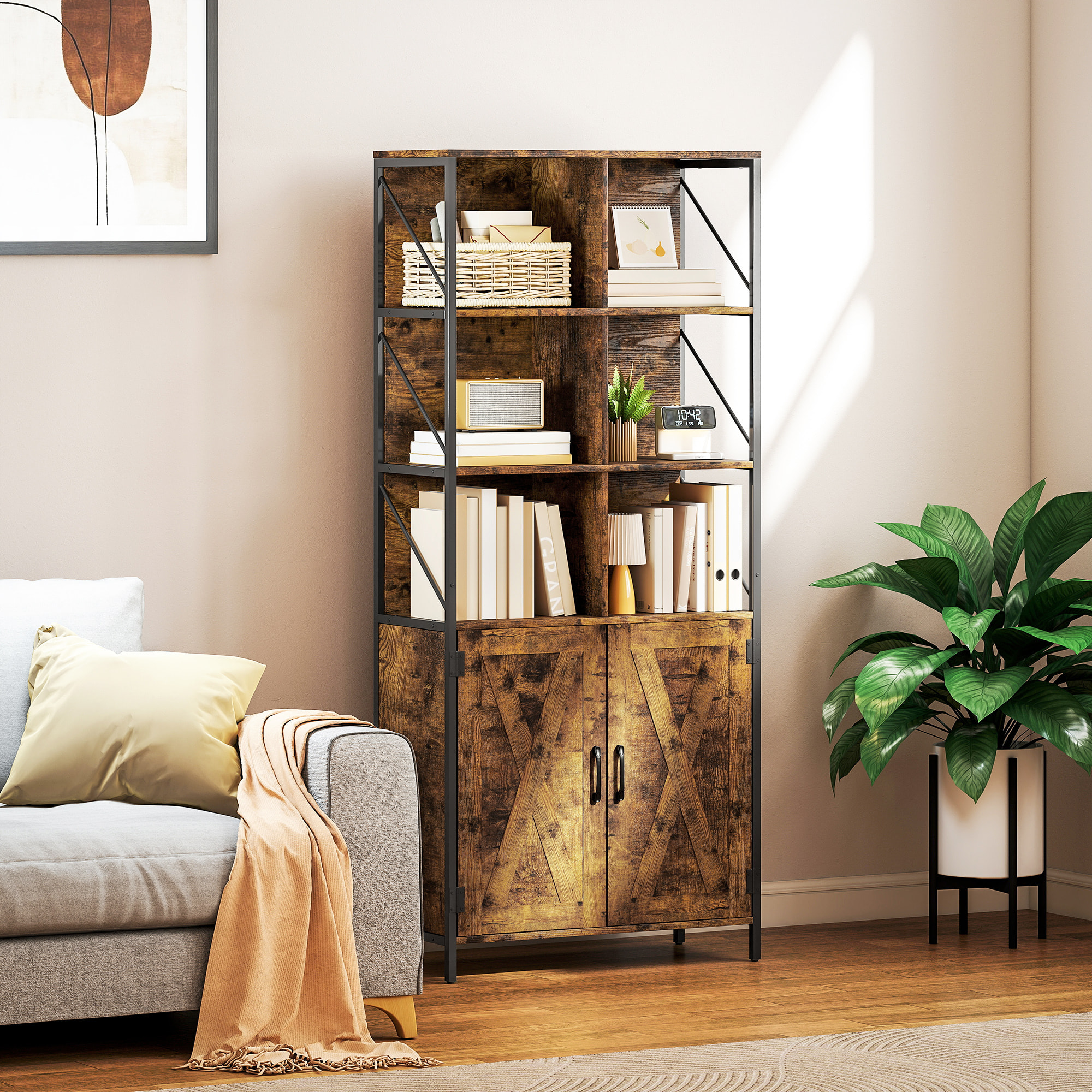 Librería de 6 Niveles, Estantería de Libros Organizador con 6 Compartimentos Abiertos, 2 Puertas y Estante Ajustable, Estilo Industrial para Salón Oficina Dormitorio 75x34x172 cm Marrón Rústico