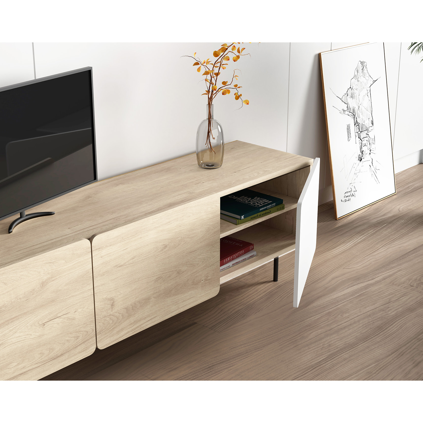 Bajo tv 3 puertas Biscuit roble-blanco 54x180x44 cm