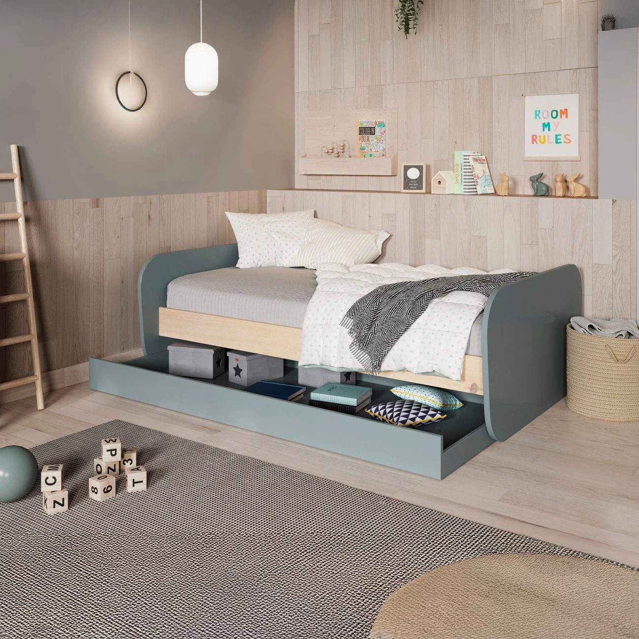 Cama doble juvenil Misty Breeze Verde Salvia - Oak Soft