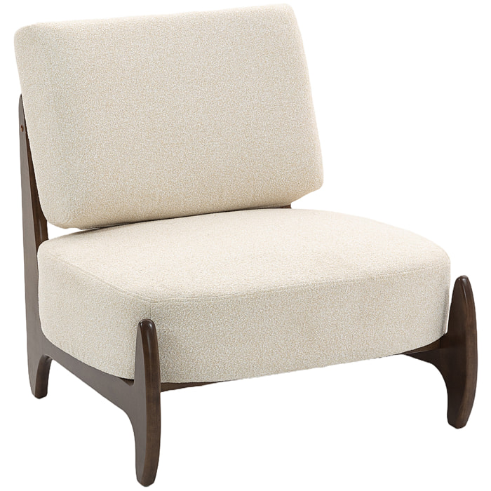 Fauteuil lounge design - fauteuil bas grand confort - bois hévéa foncé épais coussins tissu beige clair