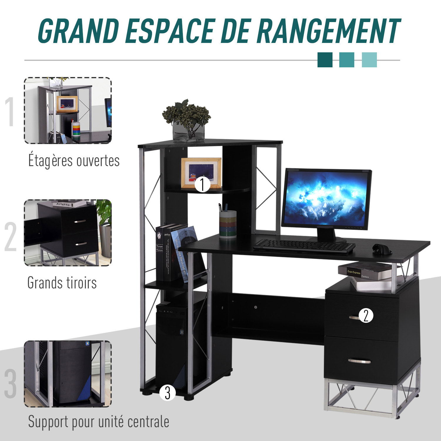Bureau informatique design industriel multi-rangement noir