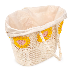 Villaga borsa a spalla donna. Realizzata in cotone, con fiori decorativi.